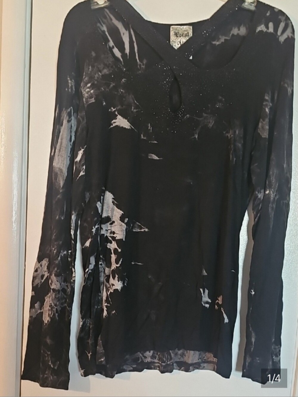 Vocal White and Black Tye-Dyed Sparkly Decorative Long Sleeve Top